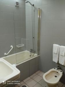 uma casa de banho com um chuveiro, um WC e um lavatório. em Hotel Senhora A Branca em Braga