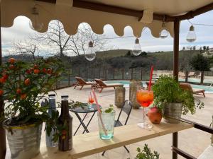 a table with wine glasses and plants on a patio at Dimora Rosso Piceno in Offida