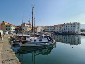 a boat is docked in a harbor with buildings at Apartma Sinitus in Izola
