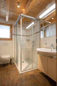 uma casa de banho com um chuveiro, um lavatório e um WC. em Ferienwohnung Schützenrain DG em Adelboden