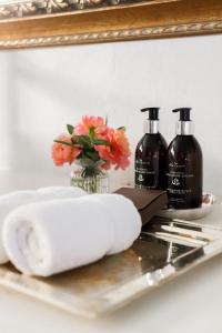 a bathroom shelf with two bottles of soap and flowers at Big Sky Ranch in Colesberg