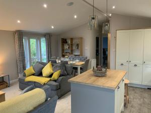 a living room with a couch and a table at Clouded Yellow - beautiful modern lodge Kippford in Dalbeattie
