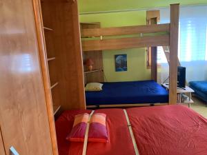 ein Schlafzimmer mit einem Etagenbett und ein Etagenbett mit einer Leiter in der Unterkunft Davos Lodge by Quokka 360 - practical apartment for skiers in Davos