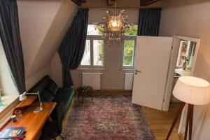 sala de estar con sofá verde y lámpara de araña en Apartmenthaus am Dom "Maisonette", en Zwickau