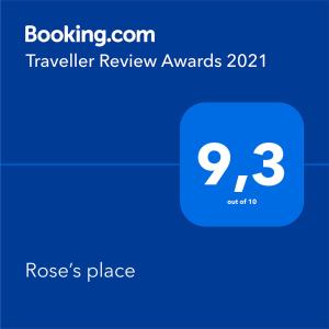 a screenshot of a text box with a travel review award at Rose’s place in Artemida