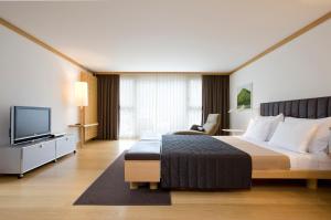 pokój hotelowy z łóżkiem i telewizorem w obiekcie The Omnia w mieście Zermatt