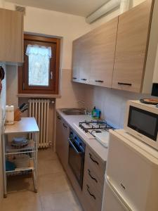 eine Küche mit einer Spüle und einem Herd Top-Backofen in der Unterkunft Appartamento al Pelmo in Villanova