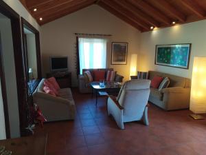 ein Wohnzimmer mit Sofas und Stühlen sowie einem TV in der Unterkunft Gomera Garden. Vista Mar Altozano in Hermigua