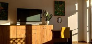 a television sitting on top of a wooden cabinet at Apartament Tylas 2 in Jaworki