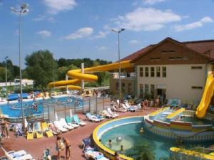 a large pool with a slide at a water park at Pine Wood Apartment 6 in Zalakaros