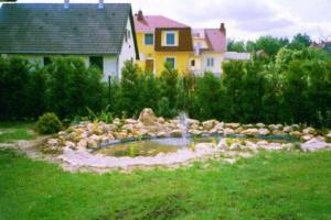a pond in the middle of a yard with a house at Pine Wood Apartment 6 in Zalakaros