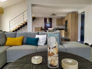 ein Wohnzimmer mit einem grauen Sofa und bunten Kissen in der Unterkunft Le Temps de Vivre in Plouescat