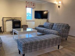 ein Wohnzimmer mit 2 Sofas und einem TV in der Unterkunft Au Bois de Rosée in Florennes