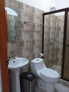a bathroom with a toilet and a sink and a shower at apartamento 3 in Fortuna