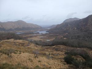 a view of a valley with a river and mountains at Windway House in Killarney