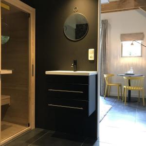 a bathroom with a sink and a shower and a table at Vlindervallei 2p in Ermelo