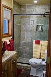 a bathroom with a shower with a toilet and a sink at Five Peaks in Buena Vista