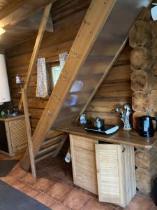 a bathroom in a log cabin with a staircase at Mežupes in Tūja