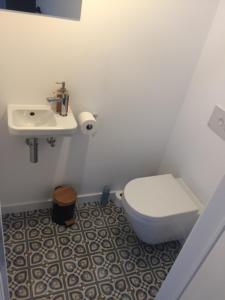 a bathroom with a toilet and a sink at Vakantiewoning Petit Watou in Poperinge +23 photos