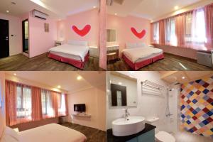 a hotel room with two beds and a bathroom at Amir B&B train station & elevator with parking lot in Hualien City