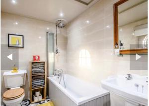 a bathroom with a tub and a toilet and a sink at Chestnut Lodge in East Dereham