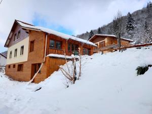 una cabaña de troncos en la nieve con nieve en Gite de L'ours, en La Bresse