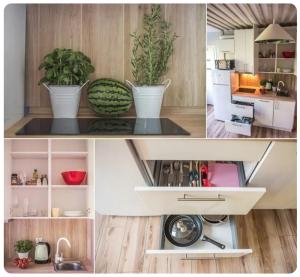 un collage di foto di una cucina con piante di Hello Apartments Broniewskiego Hawajski 400 m do plaży a Danzica
