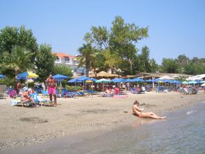 a group of people on a beach with umbrellas at Hercules Sea Front Studios in Katelios