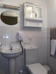 a bathroom with a sink and a toilet and a mirror at Seaford Lodge Apartments in Weston-super-Mare