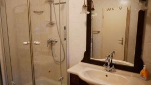 a bathroom with a shower and a sink and a mirror at Haus "Zur Seebrücke" - Deichblick in Zingst