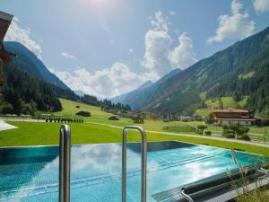 a swimming pool with a view of a mountain at Living & Spa Vitalhotel Edelweiss in Neustift im Stubaital