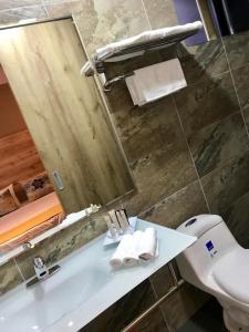 a bathroom with a sink and a toilet and a mirror at HOTEL CASA MAYOR LA 70 in Medellín