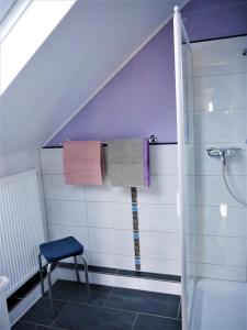 a bathroom with a shower and towels on a wall at Gästehaus AM HERMANN in Hörstel