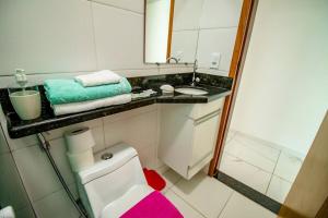 a bathroom with a toilet and a sink and a mirror at Hospedagem Stein - Apartamento 301 in Domingos Martins