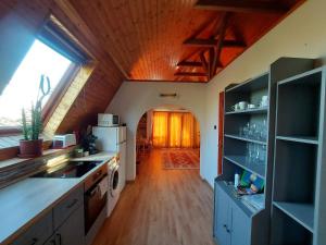 Il comprend une cuisine équipée d'un évier et d'une cuisinière. dans l'établissement Attila-Apartman Budaörs, à Budaörs