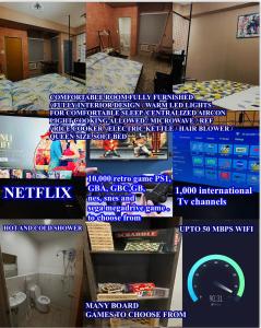 a collage of pictures of a room with a bed at Staycation residences hotel quality transient Netflix wifi international cable tv hi speed fiber internet sanitize in Manila