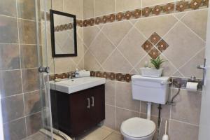 a bathroom with a toilet and a sink and a shower at 12 Settler Sands Beachfront cottage with sea view in Port Alfred