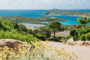 a view of the ocean from a hill with plants at Résidence Les Terrasses de Rondinara in Bonifacio