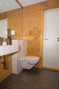 a bathroom with a toilet and a sink and a shower at Im Zentrum in Adelboden