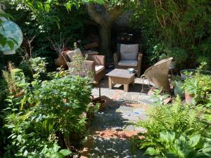 a garden with chairs and a table and some plants at Camera et Caetera Chambres d'hôtes B&B in Roubaix