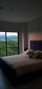 a bedroom with a large bed with a large window at JACO in Jacó