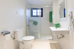 卡门港Apartamentos Flamingo的带淋浴、卫生间和盥洗盆的白色浴室