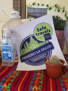 a bag of safe travels and a bottle of water and a cactus at La Casa del Abuelo in San Miguel de Allende