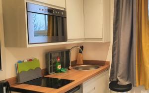 a kitchen counter with a sink and a microwave at Bath Road Apartments in Swindon