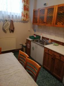 a kitchen with a sink and a counter with a table at Alfa 2 apartament 3 in Bystra