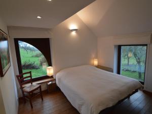 een slaapkamer met een groot bed en 2 ramen bij Quaint Holiday Home in Robechies amid Meadows in Chimay