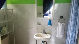 a bathroom with a sink, toilet and mirror at Blue Lady Rooms B&B in Jarabacoa