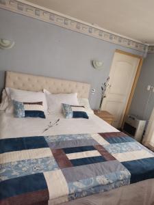 a bedroom with a bed with a blue and white quilt at Hostal Boutique "Maryluz" in Coihaique