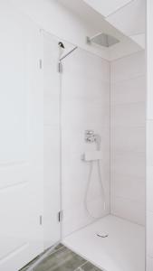 ein Bad mit einer Dusche und einem Waschbecken in der Unterkunft Traumgarten Haus Leichte Brise in Prerow