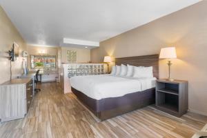 a large hotel room with a bed and a desk at Vero Beach Inn & Suites Vero Beach I-95 in Vero Beach